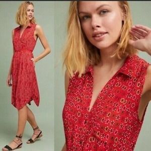 Maeve Anthropologie Vicki Red Geometric Floral Print Asymmetrical Belted Dress 2